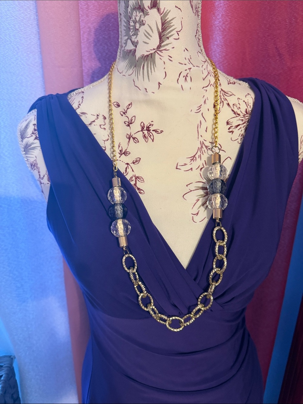 Gold Chain Necklace with Gray and Clear Beads